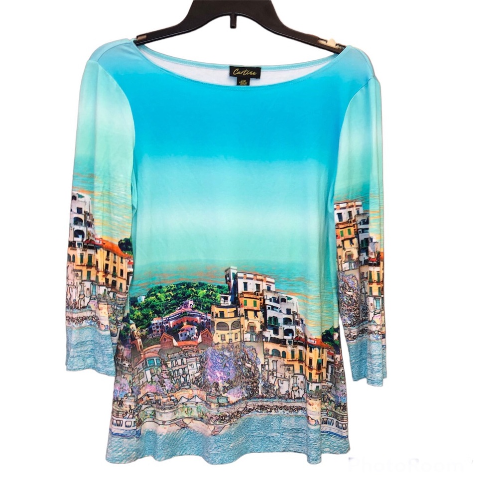 Cartise Scenic Landscape Santorini Greece 3/4 Sleeve Shirt Blue Large